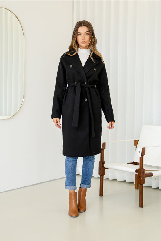 Black Double Breasted Lined Coat with Tie up