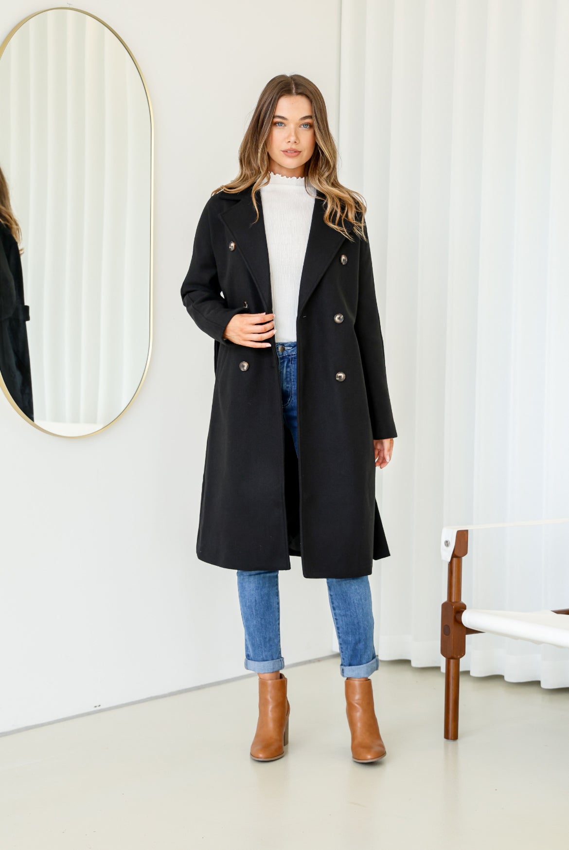 Black Double Breasted Lined Coat with Tie up