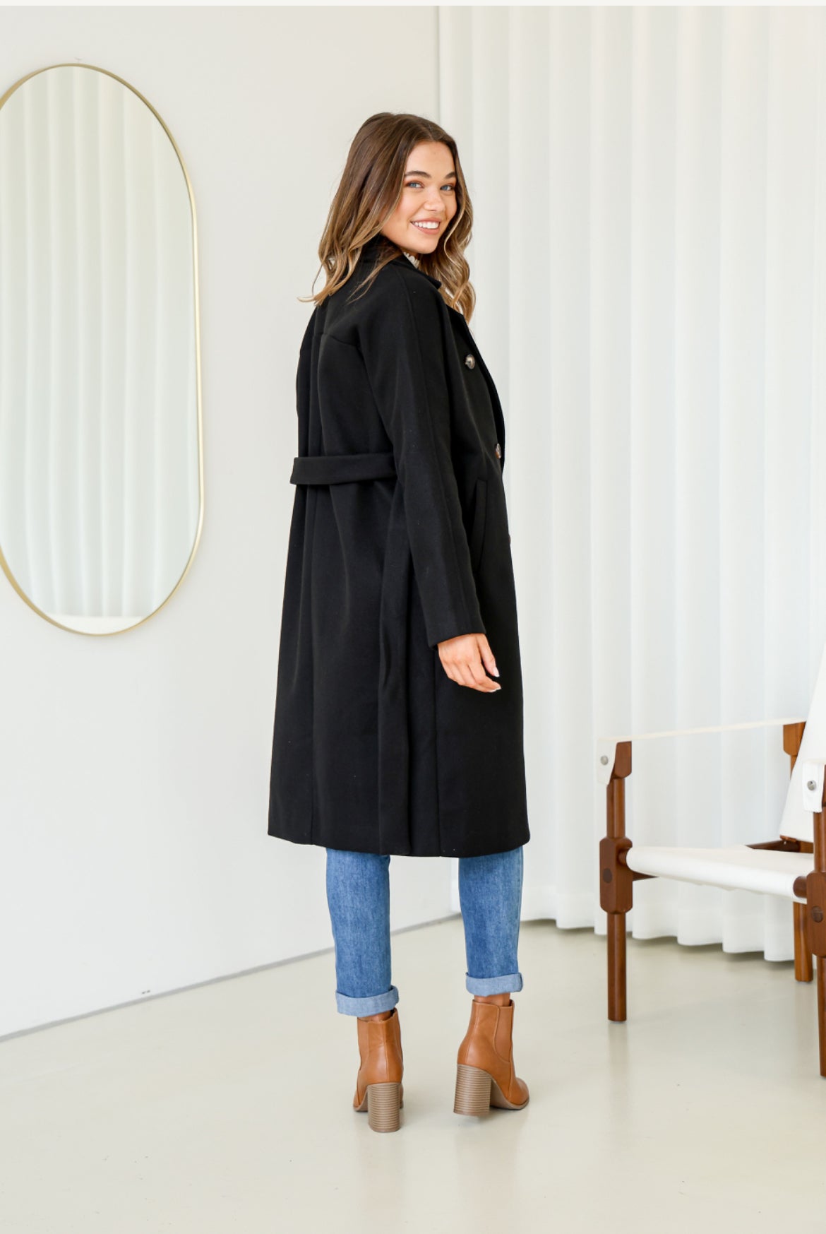 Black Double Breasted Lined Coat with Tie up