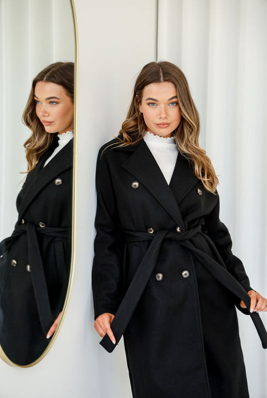 Black Double Breasted Lined Coat with Tie up