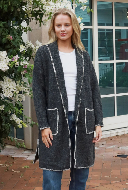 Dark Grey Blanket Stitch Coatigan