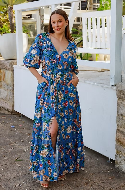 Preloved Jasmin Blue Floral Maxi Dress - Size 12