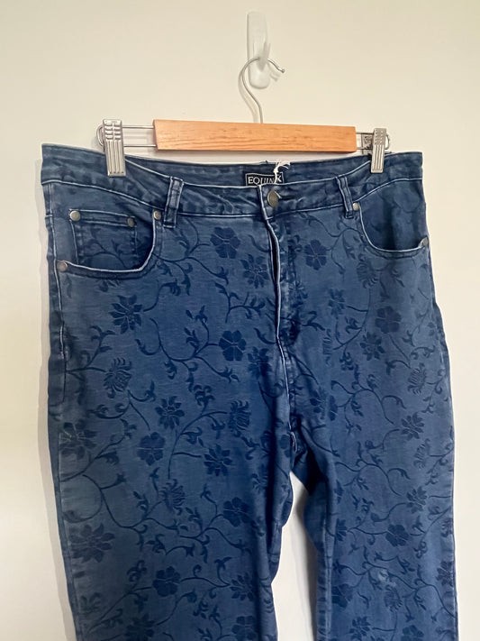 Blue Floral Embossed Stretch Jeans Size 14 - Preloved