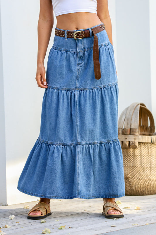 Denim Tiered Maxi Skirt